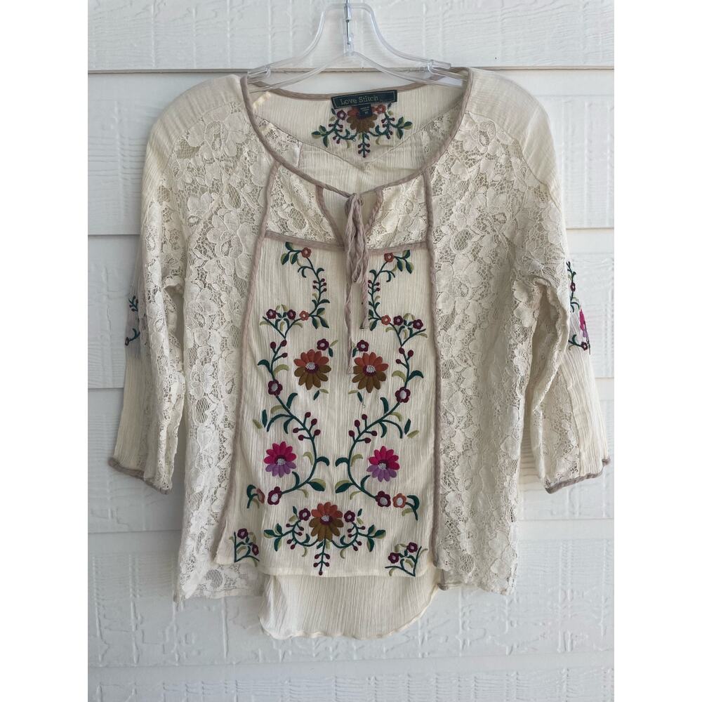 LoveStitch Embroidered lace Fairycore Gauzy Ivory Blouse Med.